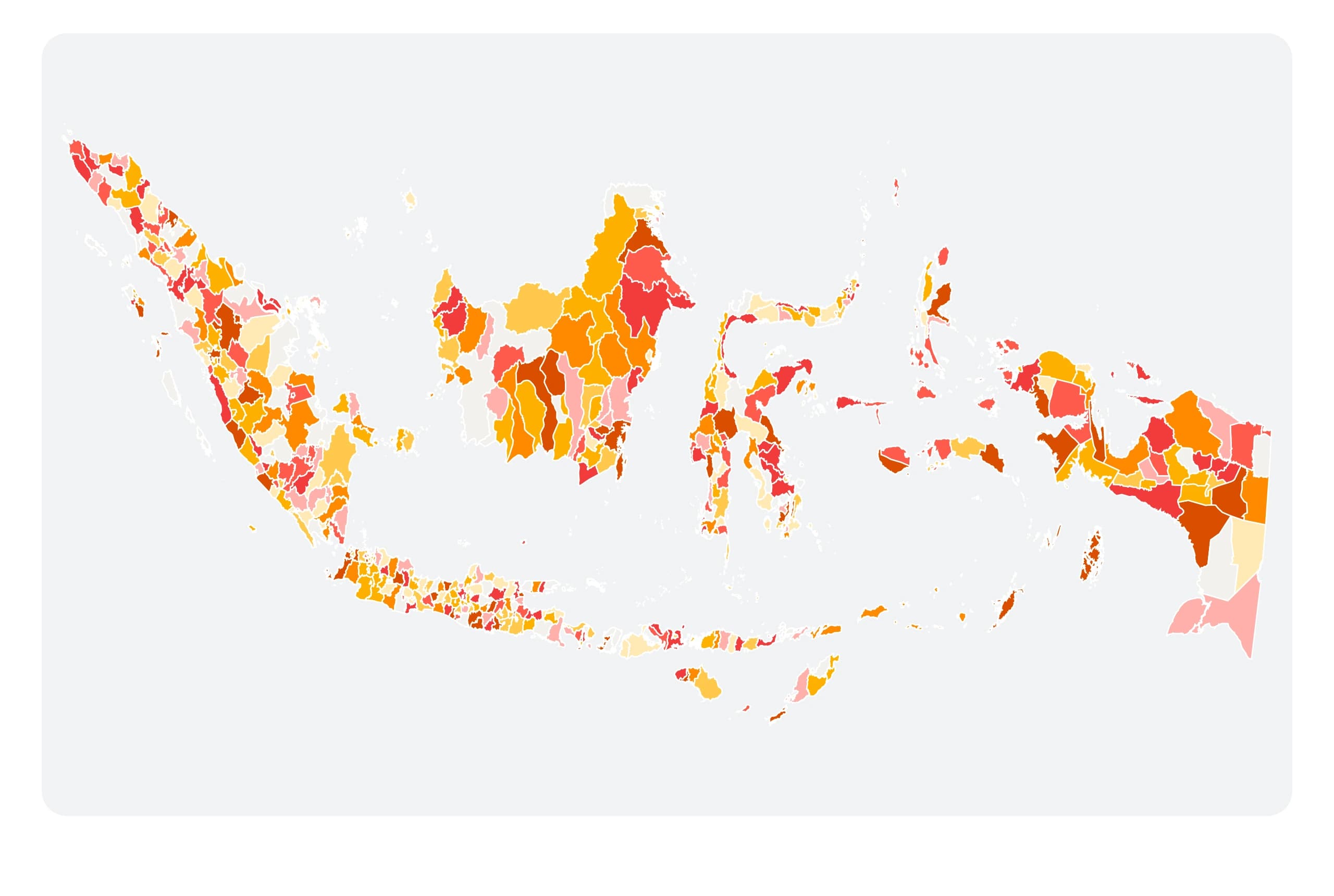 Indonesian regency boundaries colored by two variables. Illustrative data.