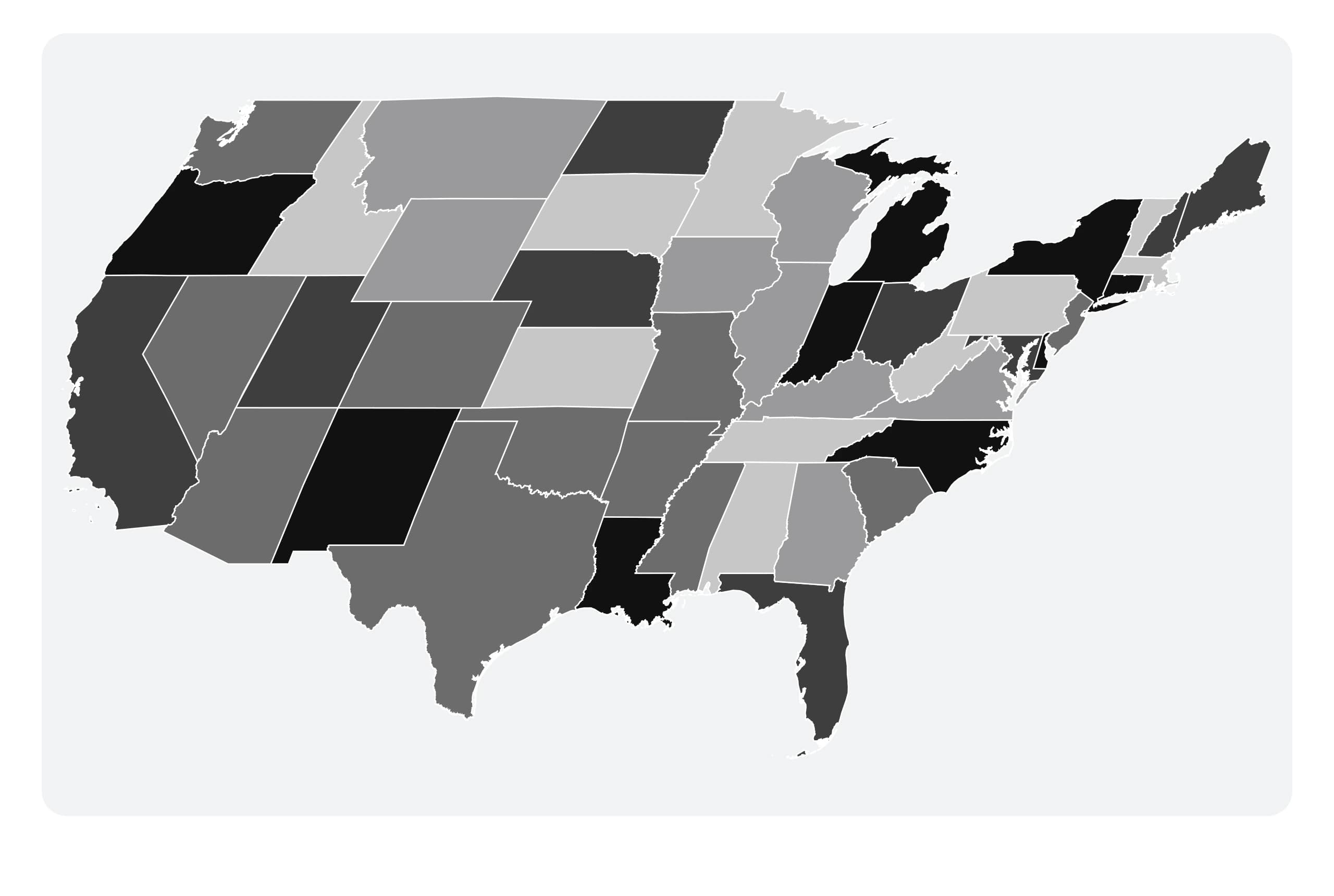A choropleth with contiguous United States state boundaries. Illustrative data.